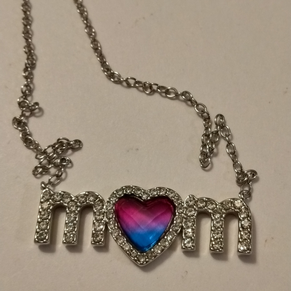 Silver and Pink-Blue Heart 'Mom' Necklace